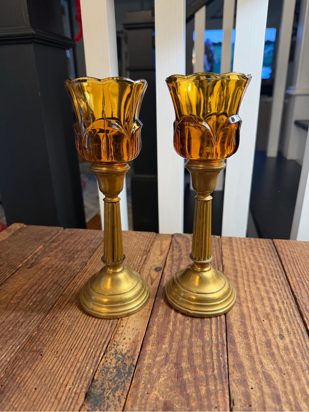 Vintage Amber Glass and Brass Candle Holders - Set of 2